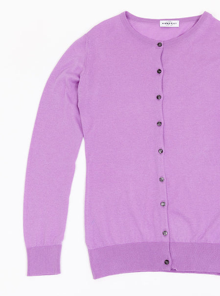Flat lay of women's ultraviolet/lilac long sleeved cardigan knit in a luxury and premium sea island cotton.